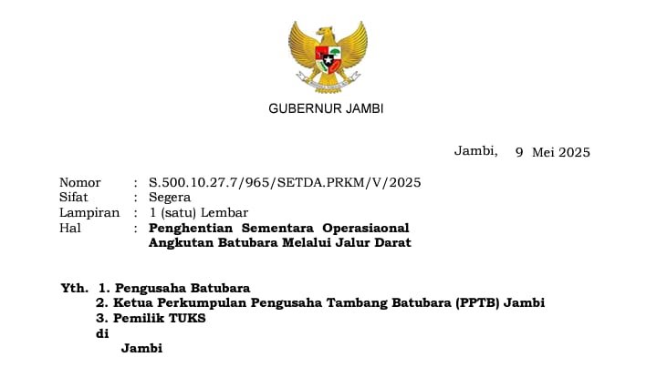 Surat edaran penghentian sementara angkutan batubara jalur darat