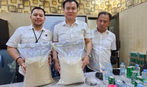 Tim Indagsi Ditreskrimsus Polda Jambi memperlihatkan beda beras hasil sortiran dan beras premium