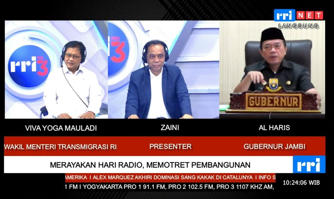 Gubernur Jambi Al Haris saat menjadi narasumber di acara Program RRI Indonesia Menyapa Pagi dengam host tamu Wakil Menteri Transmigrasi Viva Yoga Mauladi